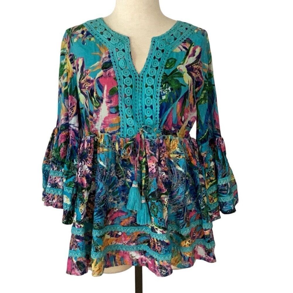 Anthropologie Kitsch & Pop Boho Lace Blouse Top Tassel Tie Women’s M/L